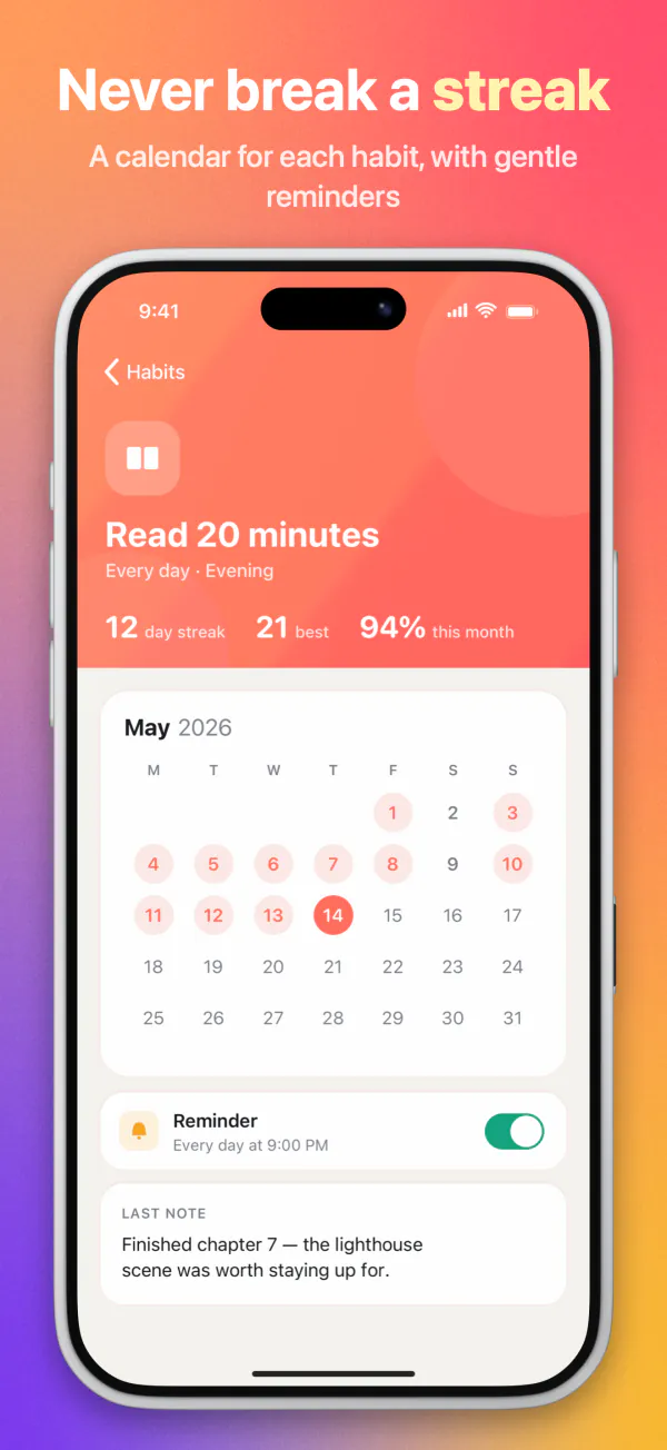“Never break a streak”: a calendar screen on an orange-to-purple mesh gradient