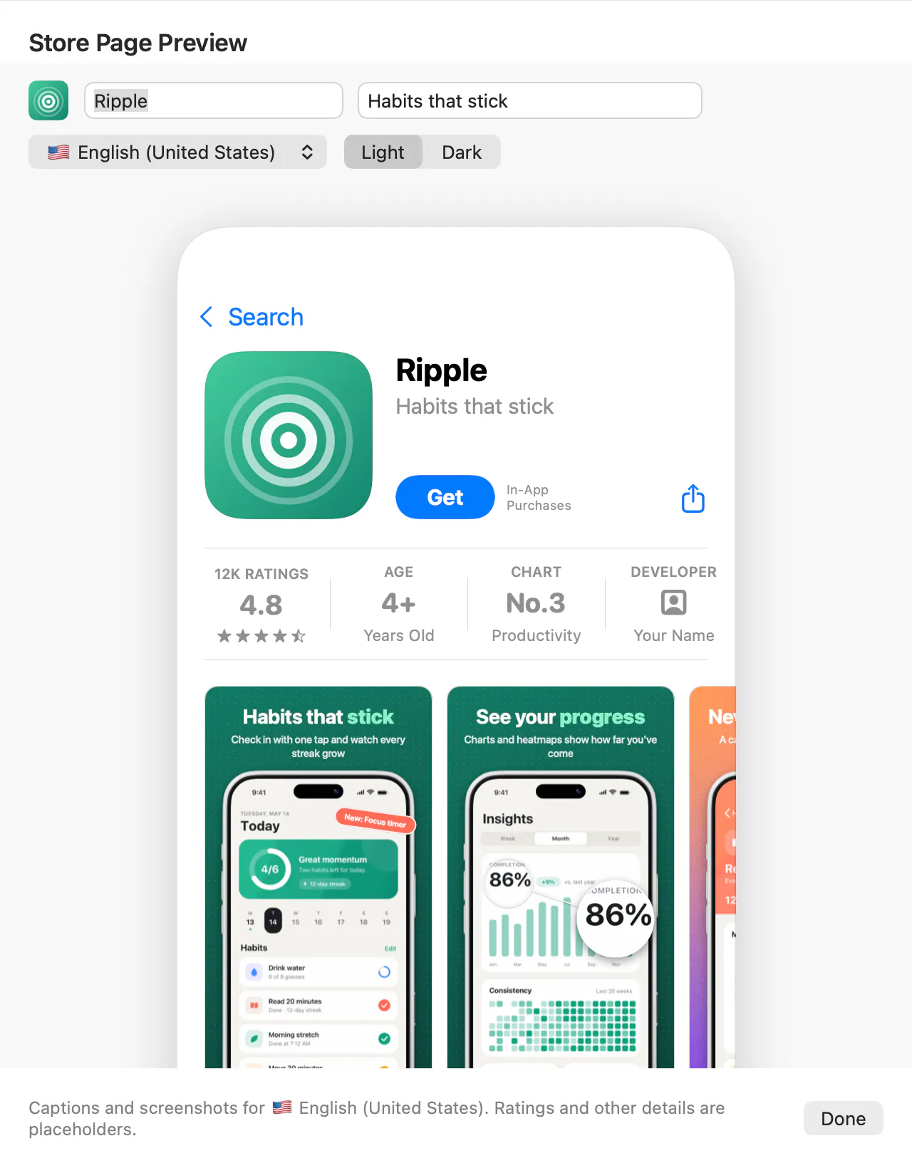 Bezelry's Store Page Preview showing the product page for Ripple, a sample app, in English, light appearance
